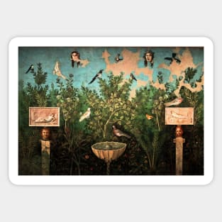 POMPEII ROMAN FRESCO ,FLYING BIRDS, DOVES, FOUNTAIN IN GARDEN, BLUE GREEN FLORAL Sticker